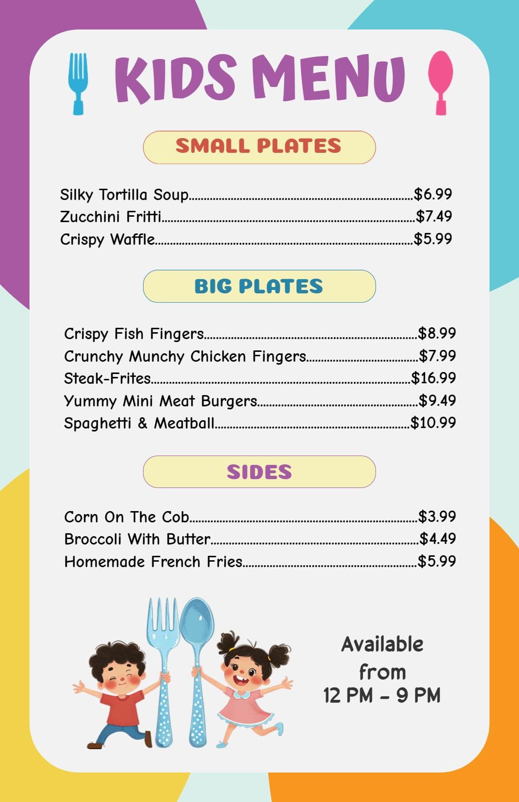 Fun and Tasty Dishes for Young Diners Kids Menu Template
