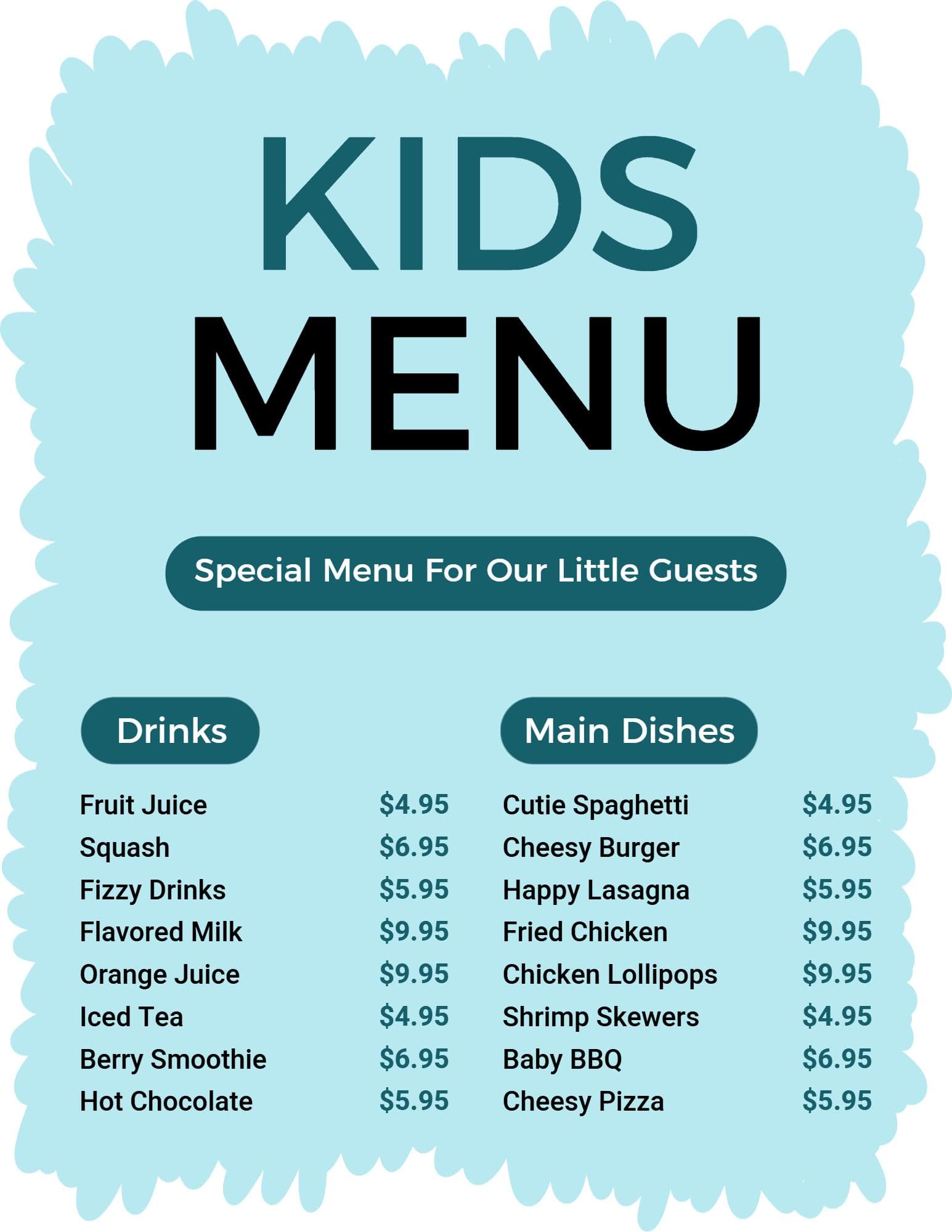 Fun and Tasty Kid-Friendly Dishes and Drinks Kids Menu Template