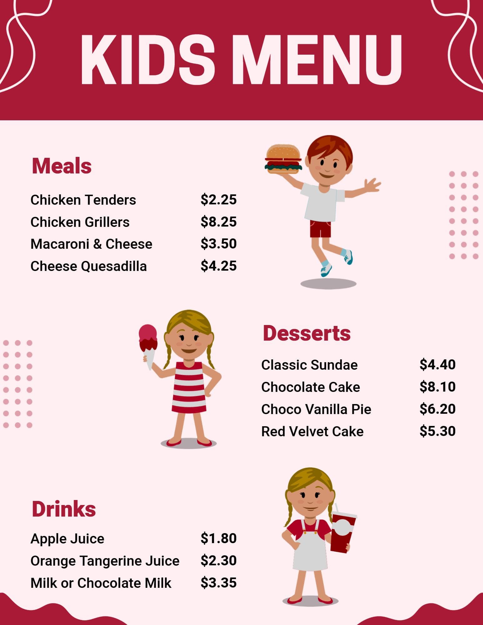 Fun and Tasty Meals with Sweet Treats for Kids Menu Template