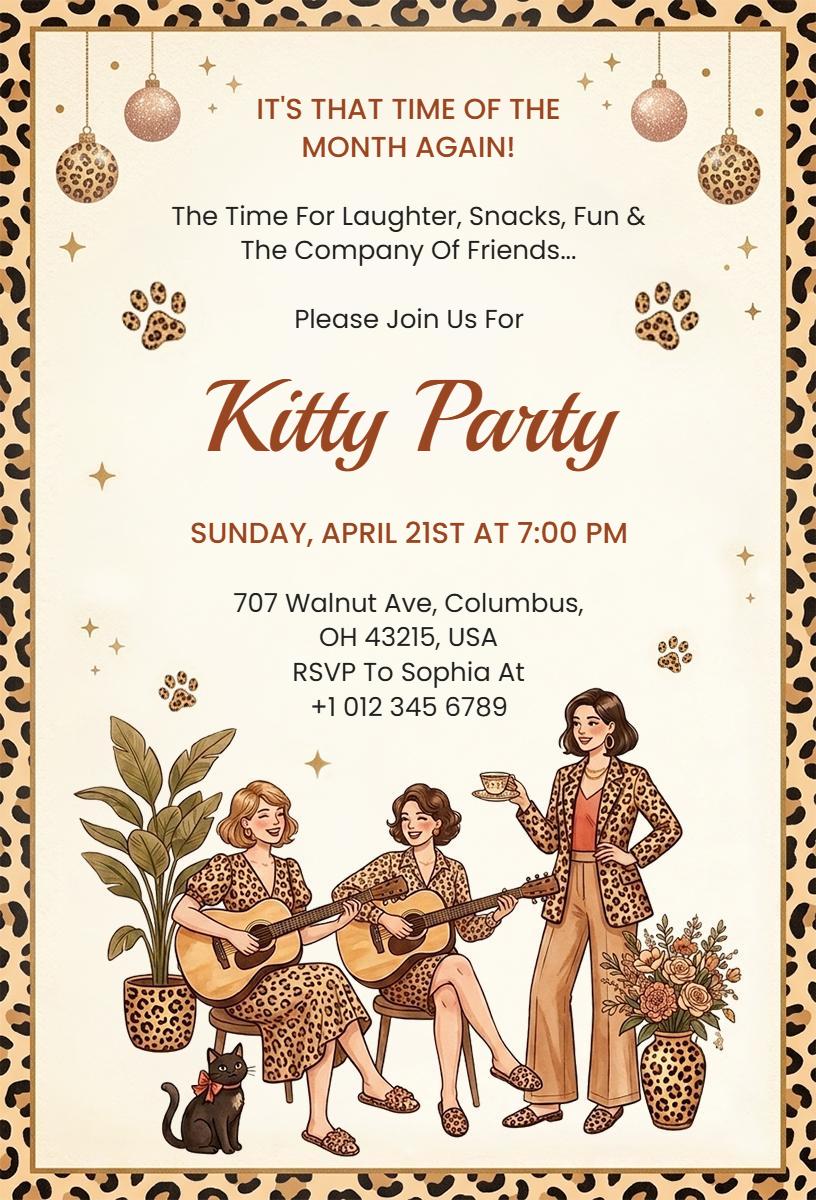 Fun Animal Print Chic Kitty Party Invitation Template