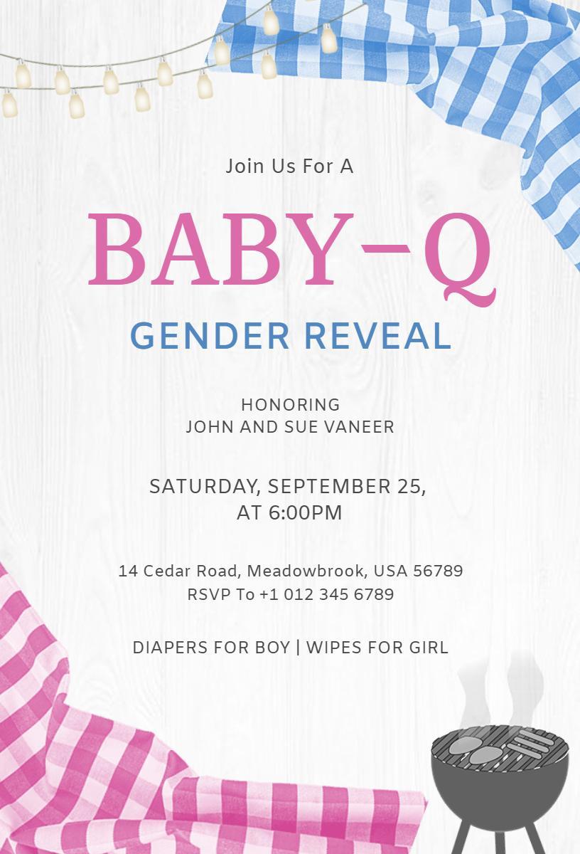 Fun Baby-Q Gender Reveal Celebration Invitation Template