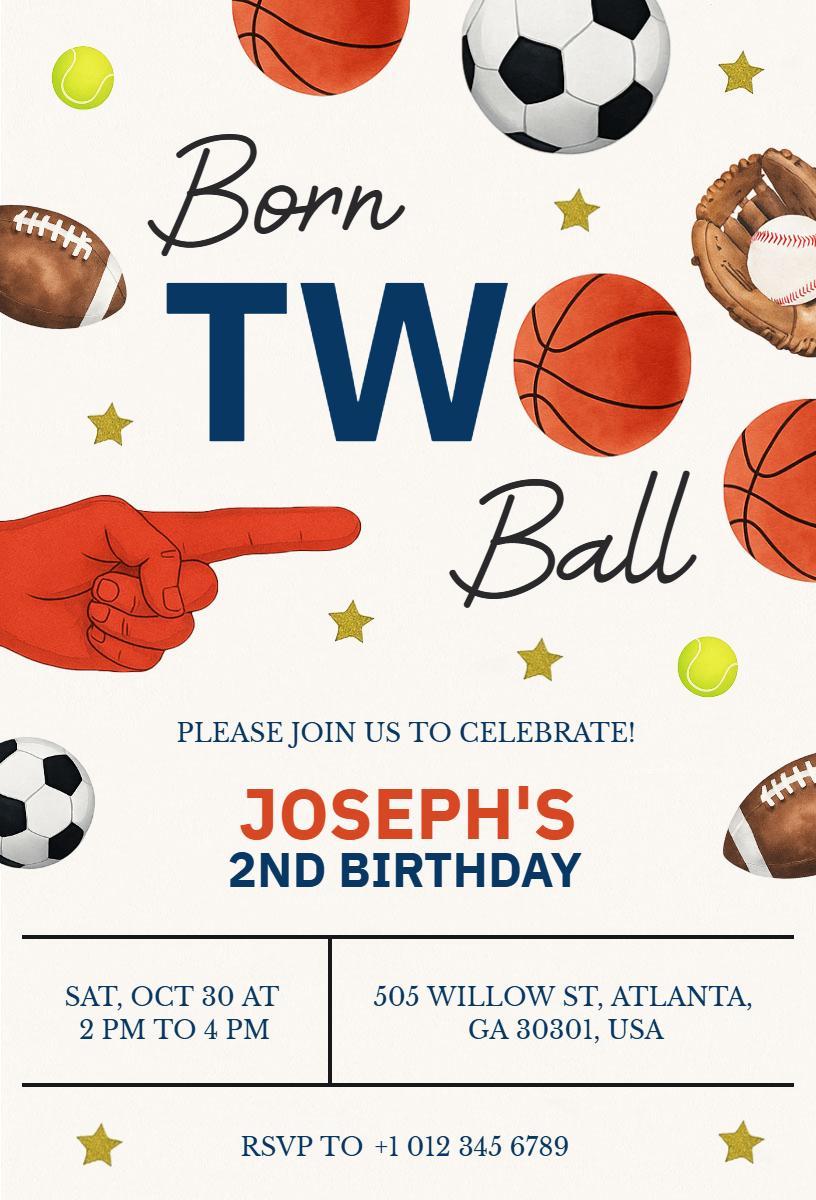 Fun Basketball Themed 2nd Birthday Celebration Invitation Template