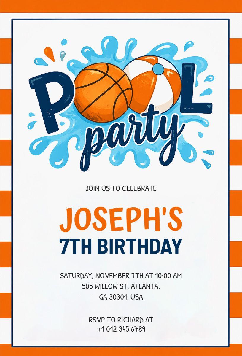 Fun Basketball-Themed Pool Party Birthday Invitation Template