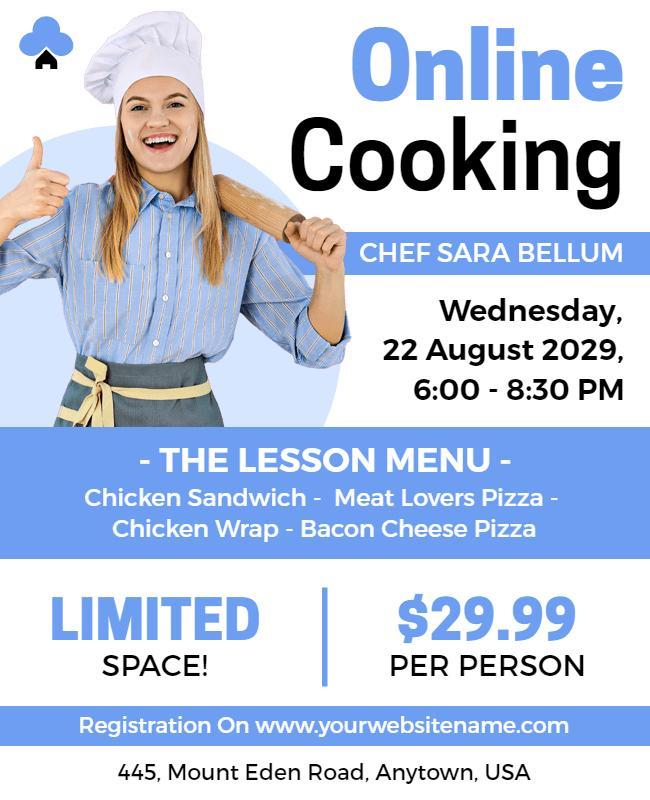 Fun Blue Online Cooking Class with Chef Sara Flyer Template