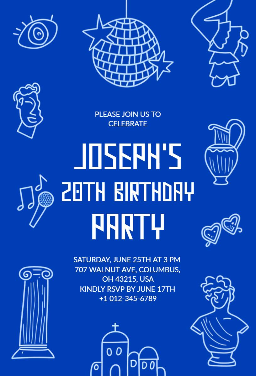 Fun Blue Themed 20th Birthday Celebration Invitation Template