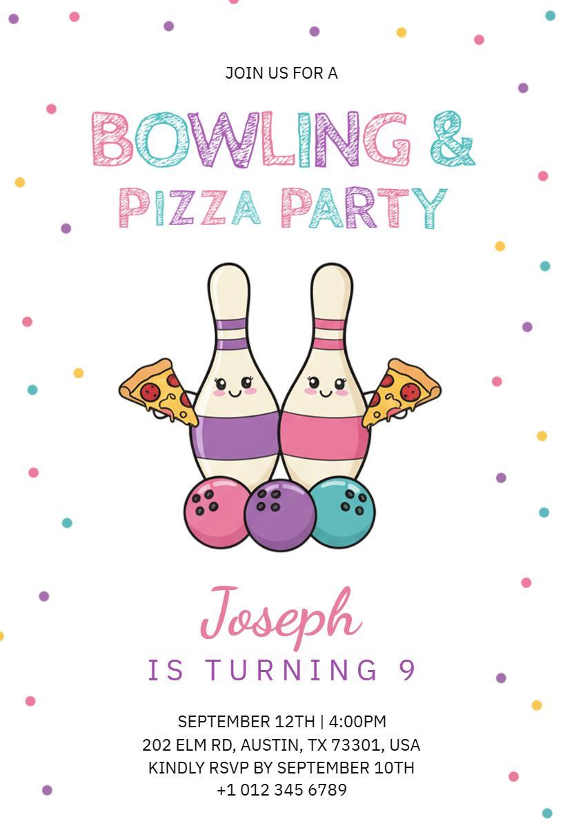 Fun Bowling Pizza Party Birthday Celebration Invitation Template