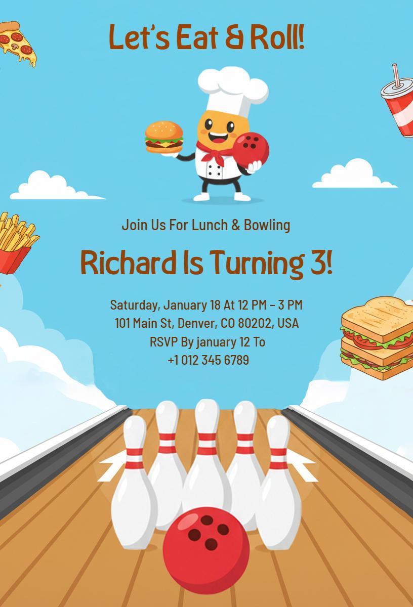 Fun Bowling Theme Kids Birthday Celebration Invitation Template