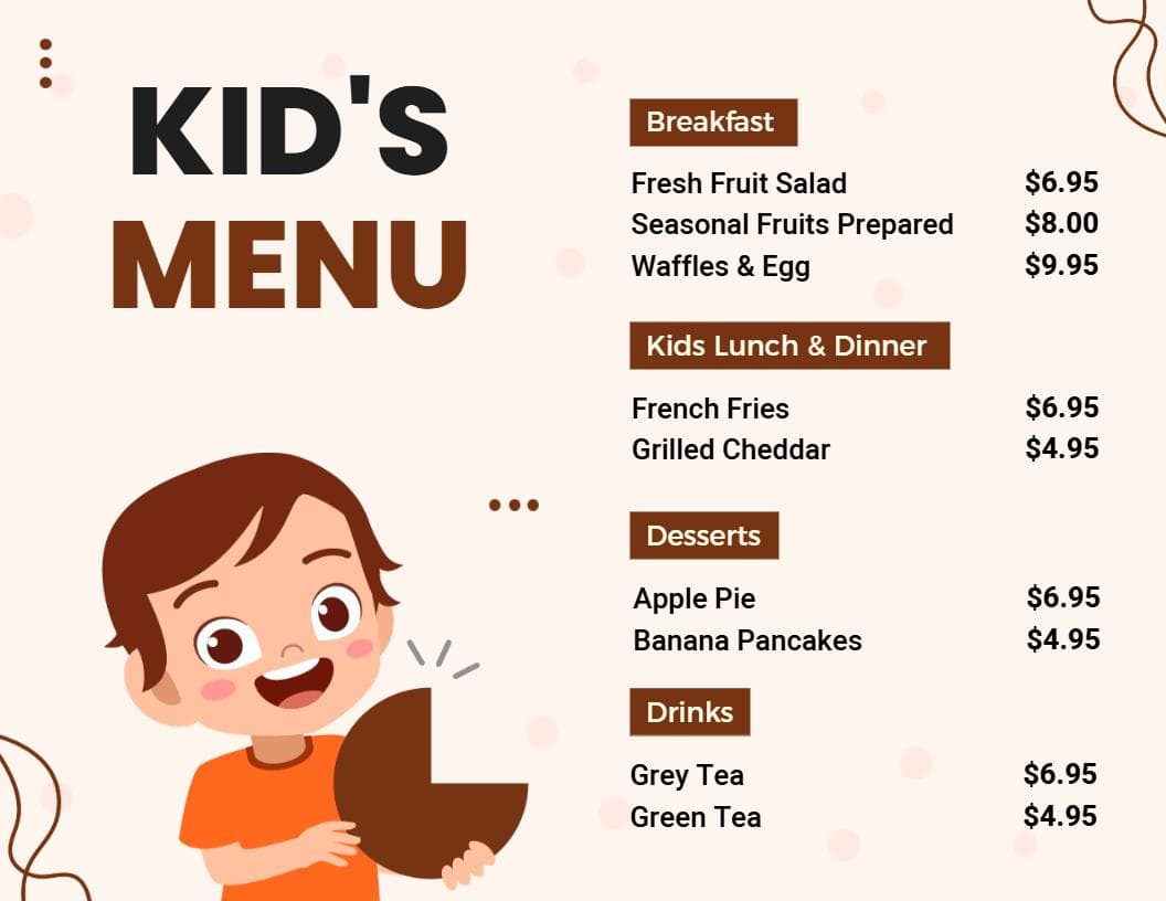 Fun Breakfast and Tasty Treats for Young Diners Kids Menu Template