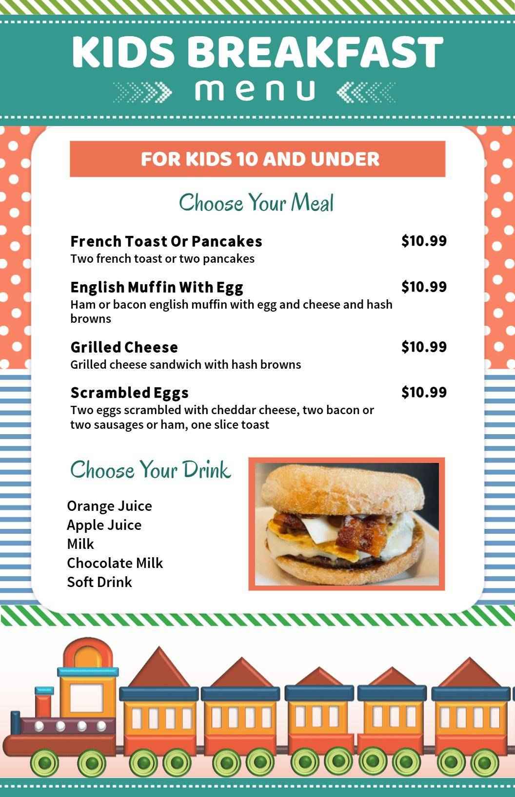 Fun Breakfast Selections for Kids Under Ten Kids Menu Template