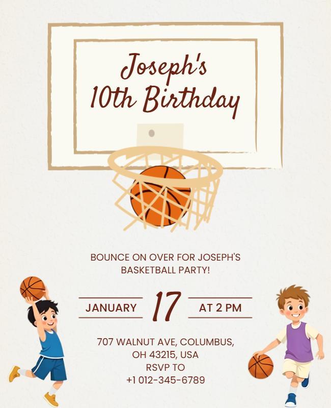 Fun Cartoon Basketball Birthday Party Invitation Poster Template
