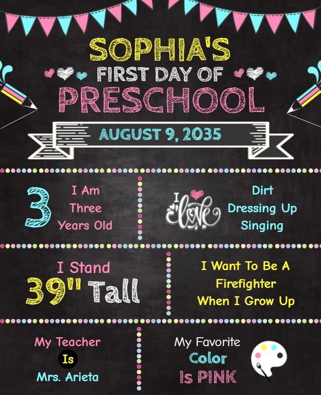 Fun Chalkboard Style Preschool First Day Celebration Poster Template