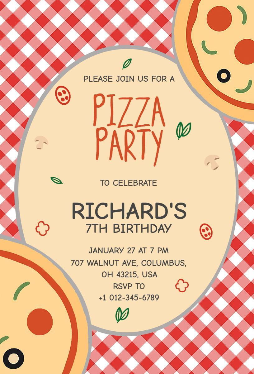 Fun Colorful 7th Birthday Pizza Party Invitation Template