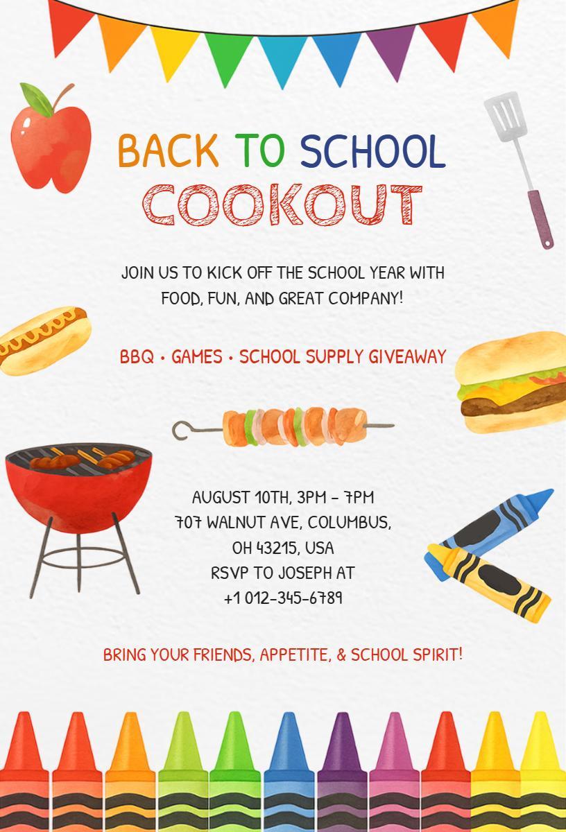 Fun Colorful Back To School Cookout Celebration Invitation Template