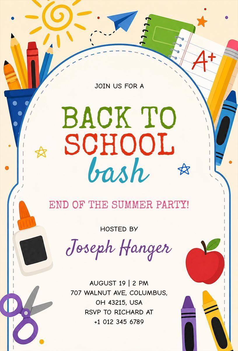 Fun Colorful Back To School End of Summer Bash Invitation Template