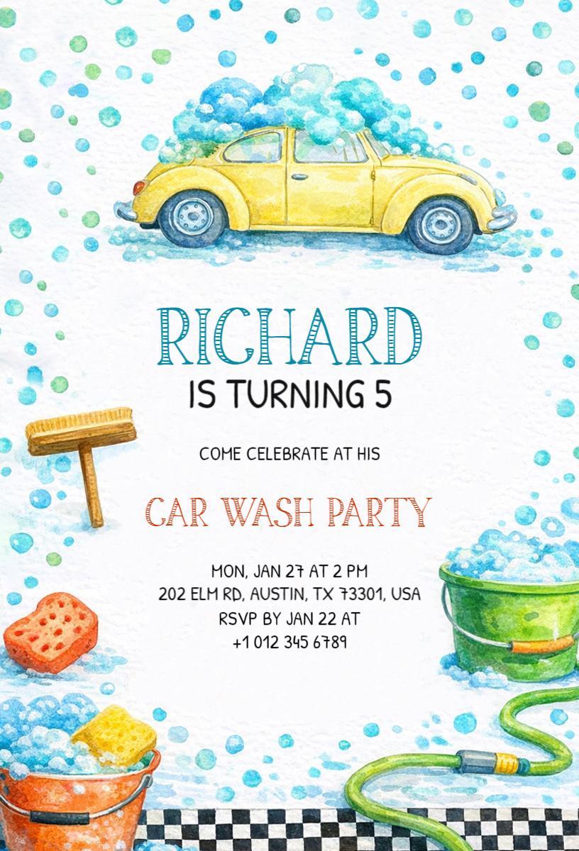 Fun Colorful Car Wash Birthday Celebration Invitation Template