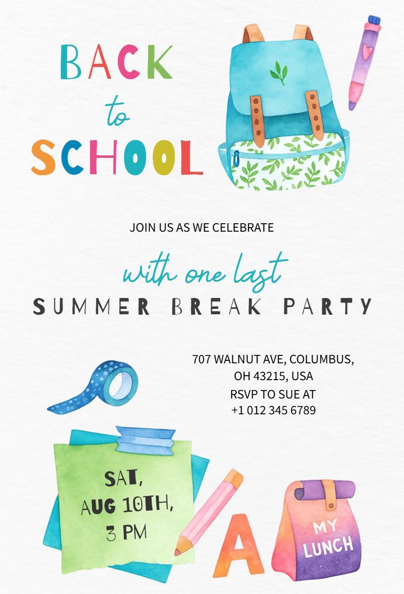 Fun Colorful Summer Break Back To School Invitation Template