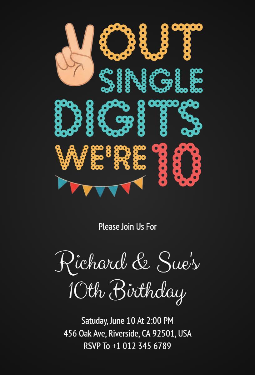 Fun Colorful Twins 10th Birthday Celebration Invitation Template
