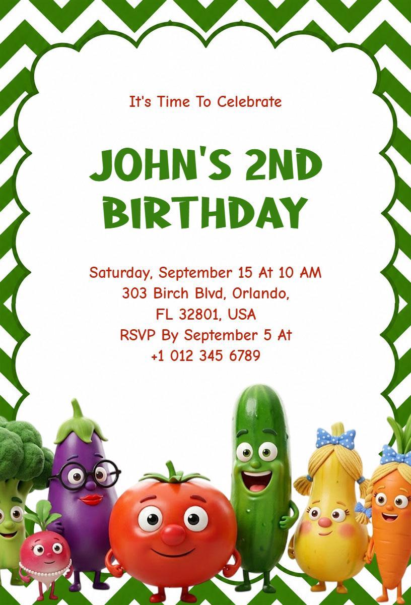 Fun Colorful Vegetable Theme 2nd Birthday Invitation Template