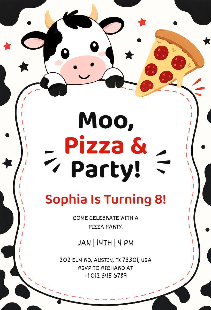 Fun Cow Theme Pizza Birthday Celebration Invitation Template
