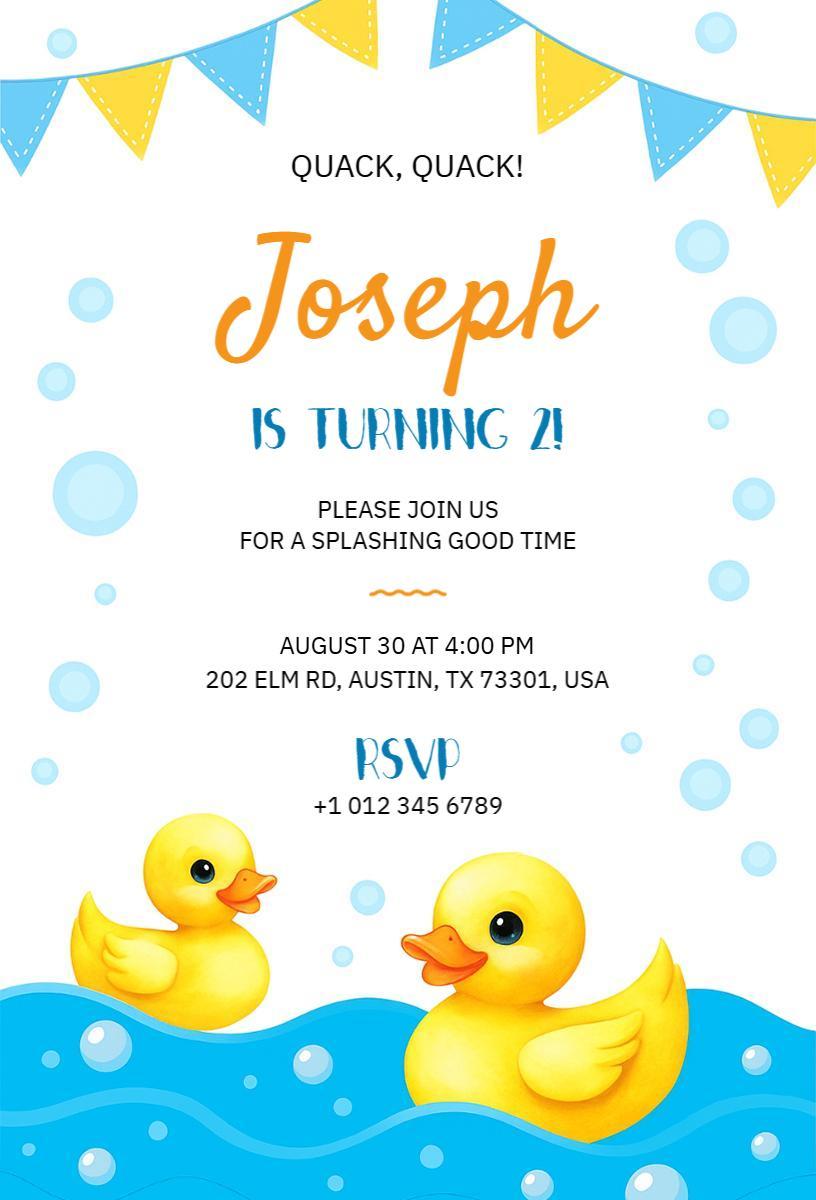Fun Duck Pond Theme 2nd Birthday Celebration Invitation Template