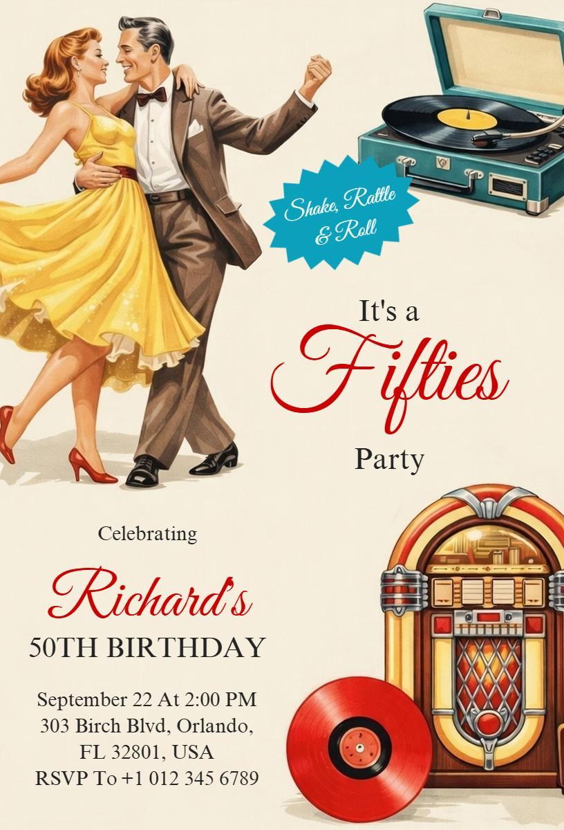 Fun Fifties Theme Retro 50th Birthday Celebration Invitation Template