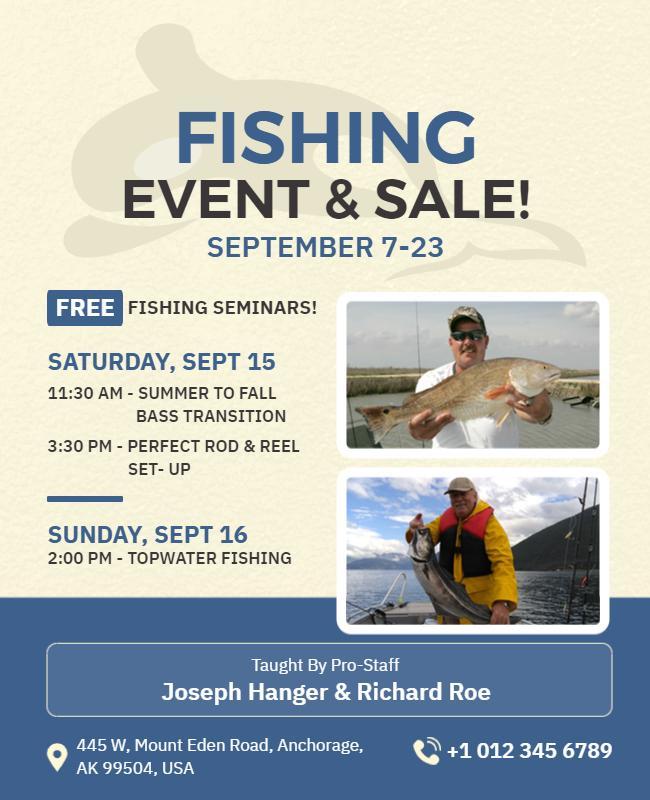 Fun Fishing Event and Seminar Sale Poster Template