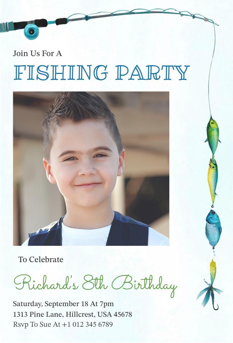 Fun Fishing Theme 8th Birthday Celebration Invitation Template