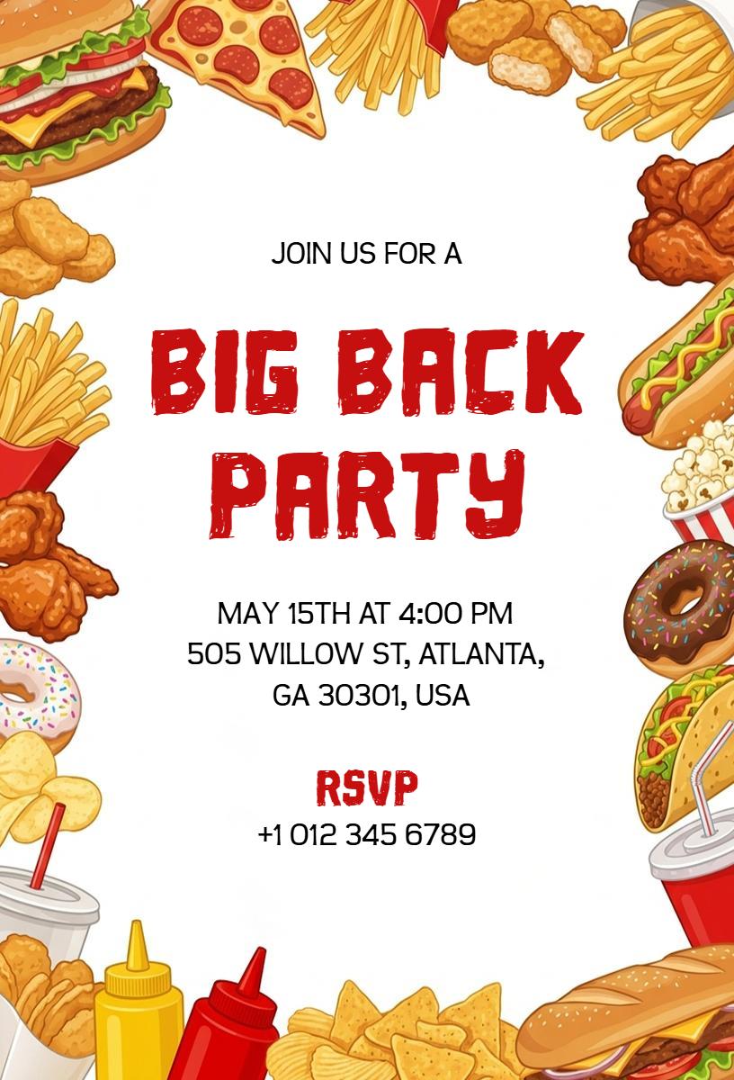 Fun Food Feast Big Back Party Invitation Template