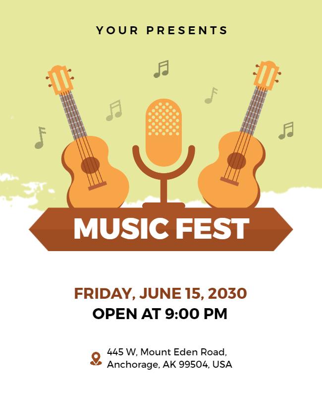 Fun Green Music Festival with Guitars and Microphone Poster Template