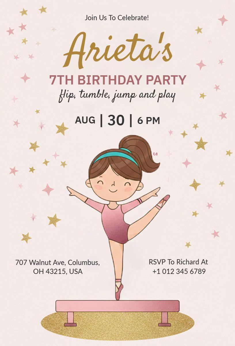 Fun Gymnastics Themed 7th Birthday Celebration Invitation Template