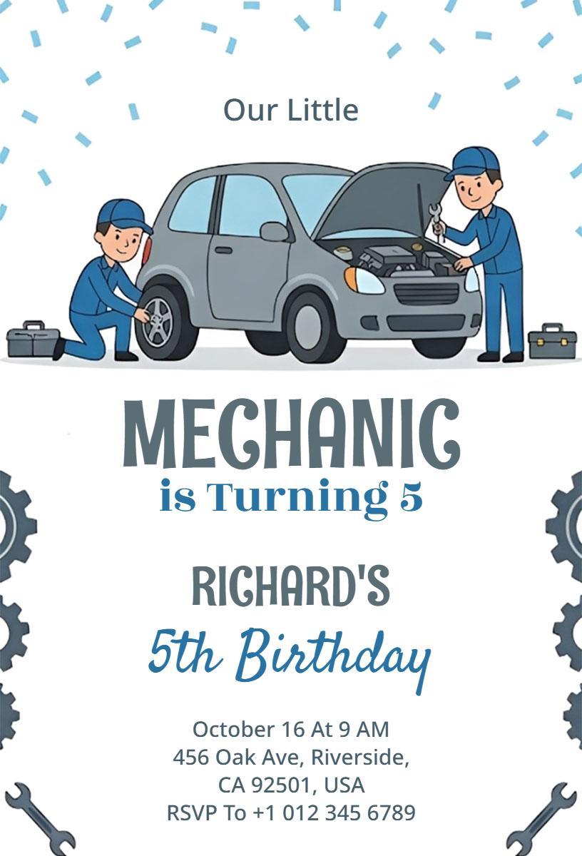 Fun Mechanic Theme Kids Birthday Celebration Invitation Template