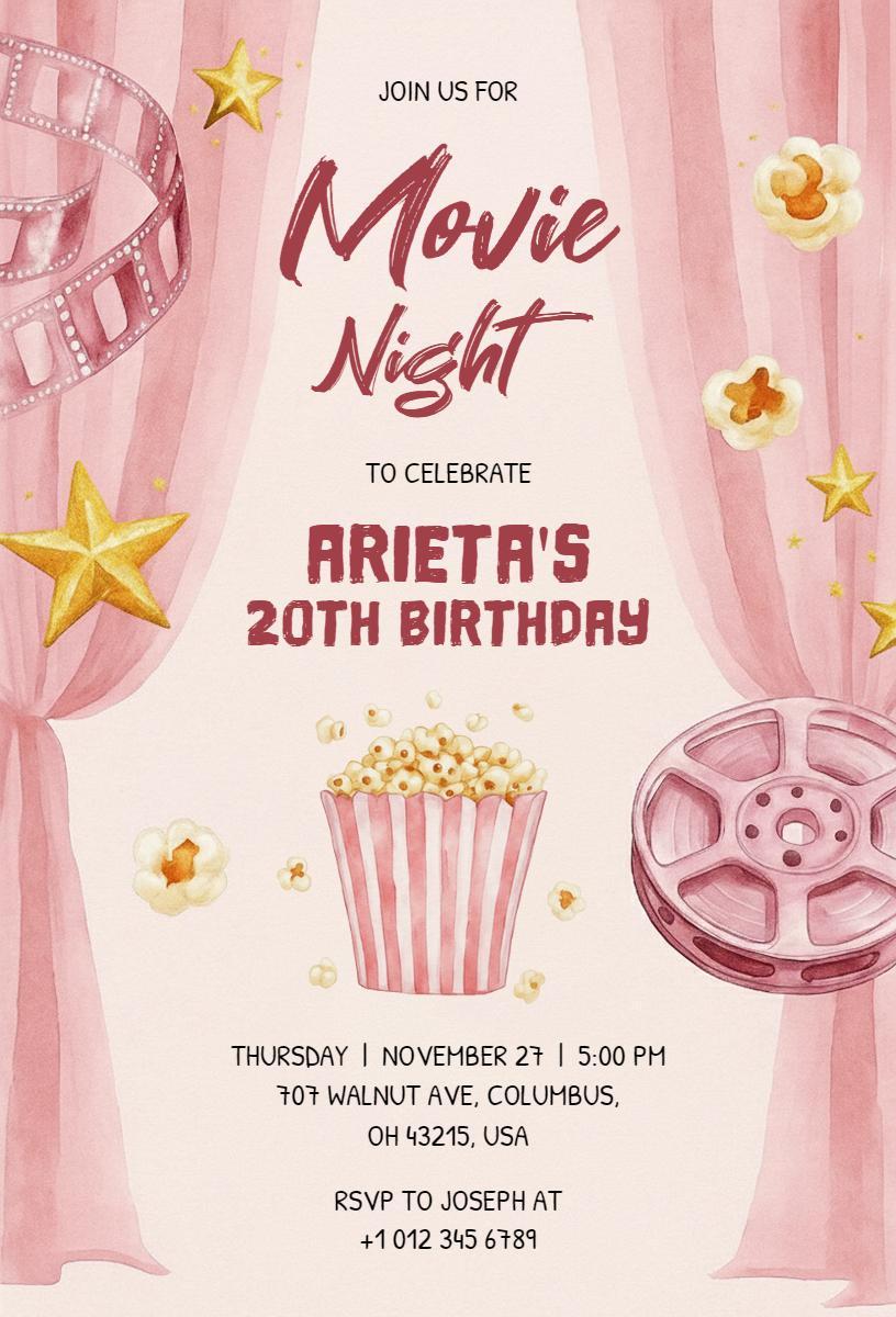 Fun Movie Night Celebration 20th Birthday Invitation Template