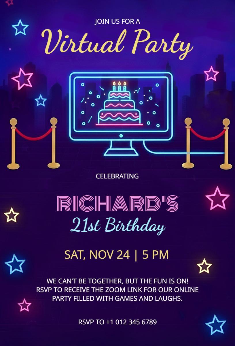Fun Neon 21st Birthday Virtual Party Invitation Template