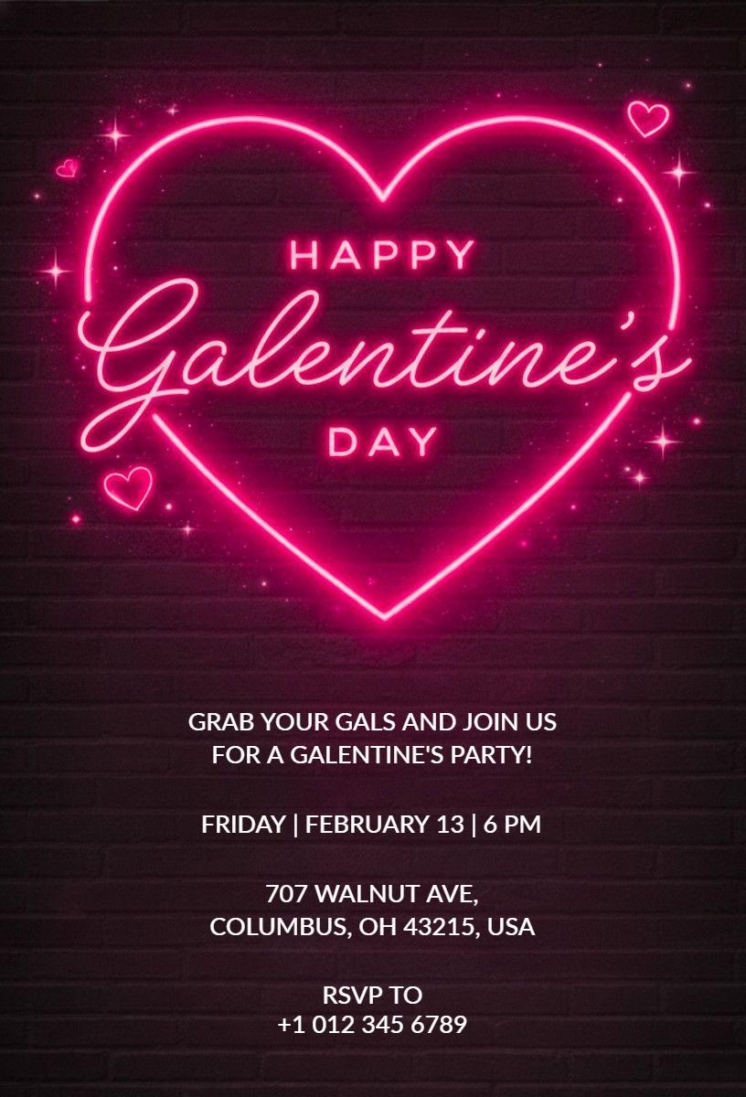 Fun Neon Heart Galentine's Day Celebration Invitation Template