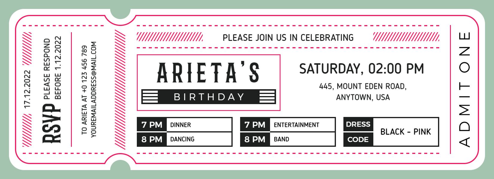 Fun Pink Birthday Celebration Ticket Invitation Template
