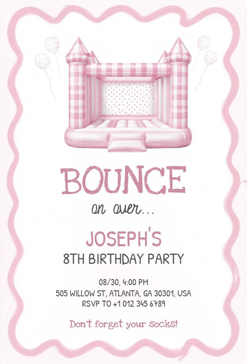 Fun Pink Bouncy Castle 8th Birthday Celebration Invitation Template
