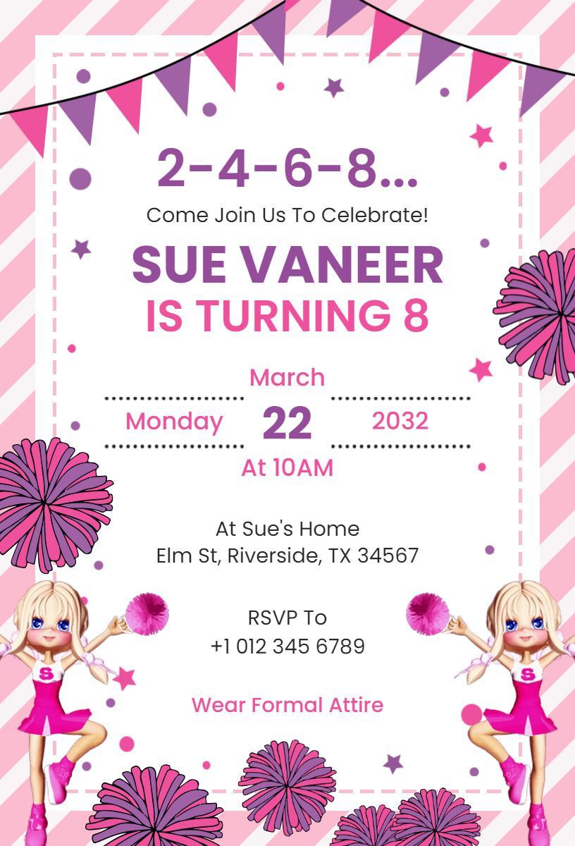 Fun Pink Cheerleader Themed Kids Birthday Invitation Template