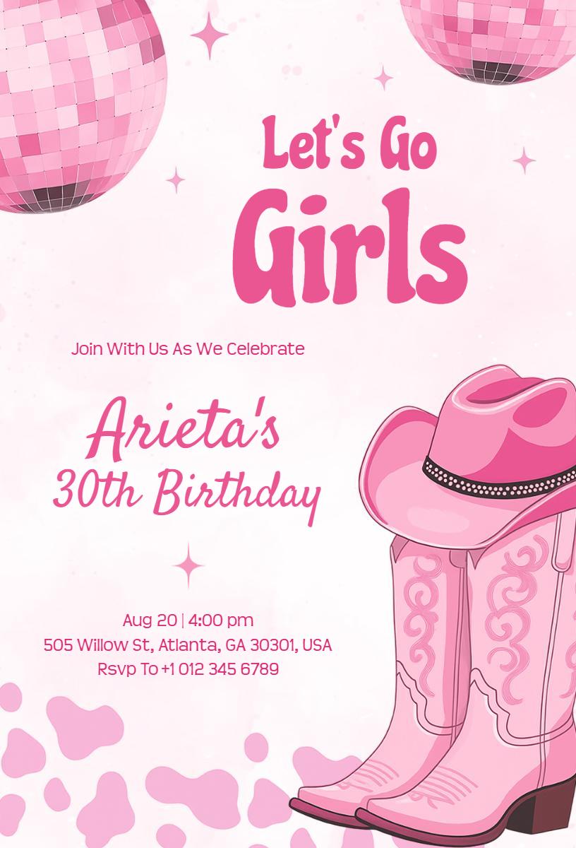 Fun Pink Cowgirl Themed Birthday Celebration Invitation Template