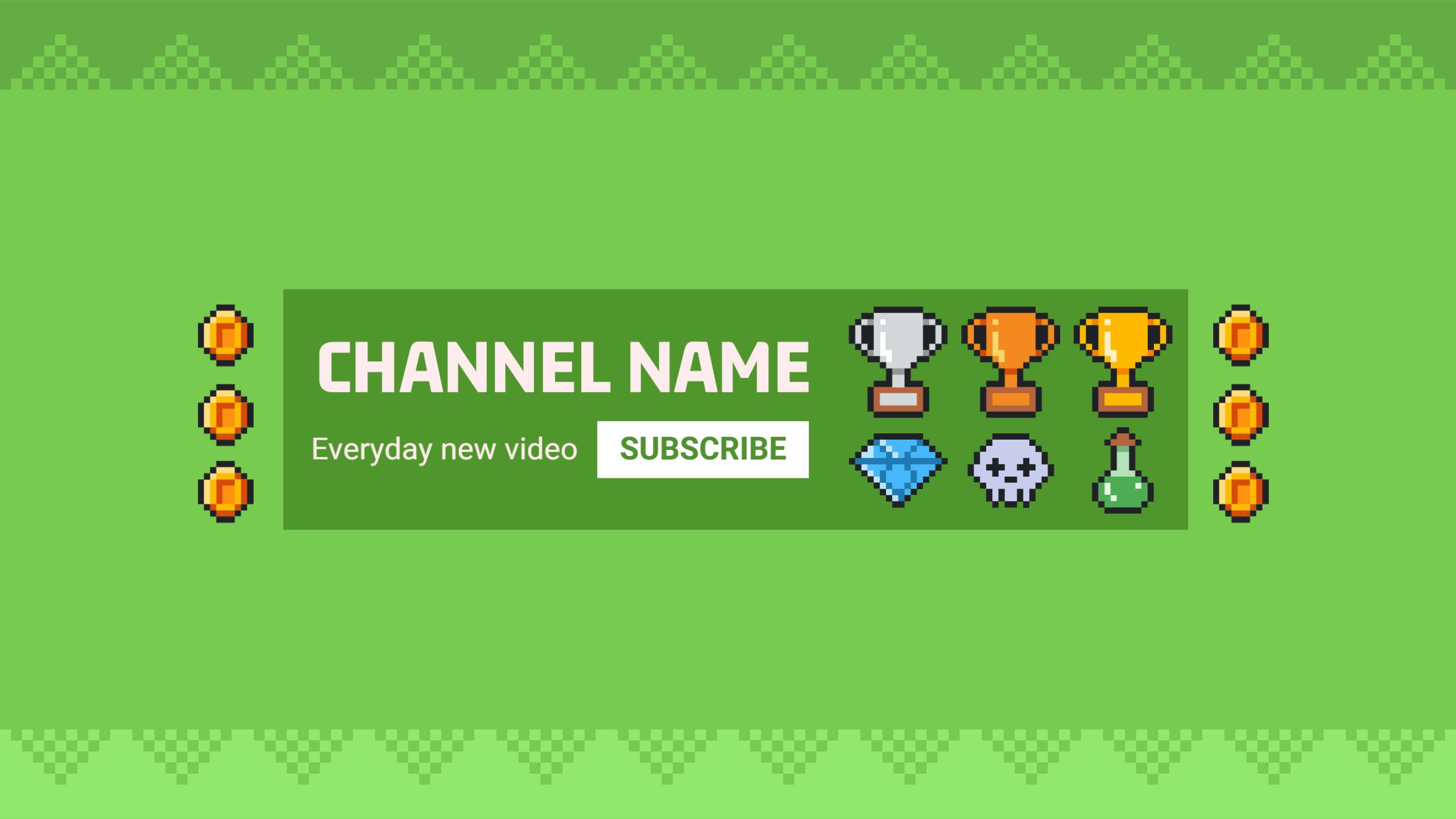 Fun pixel art gaming design with trophies and coins YouTube Banner Template