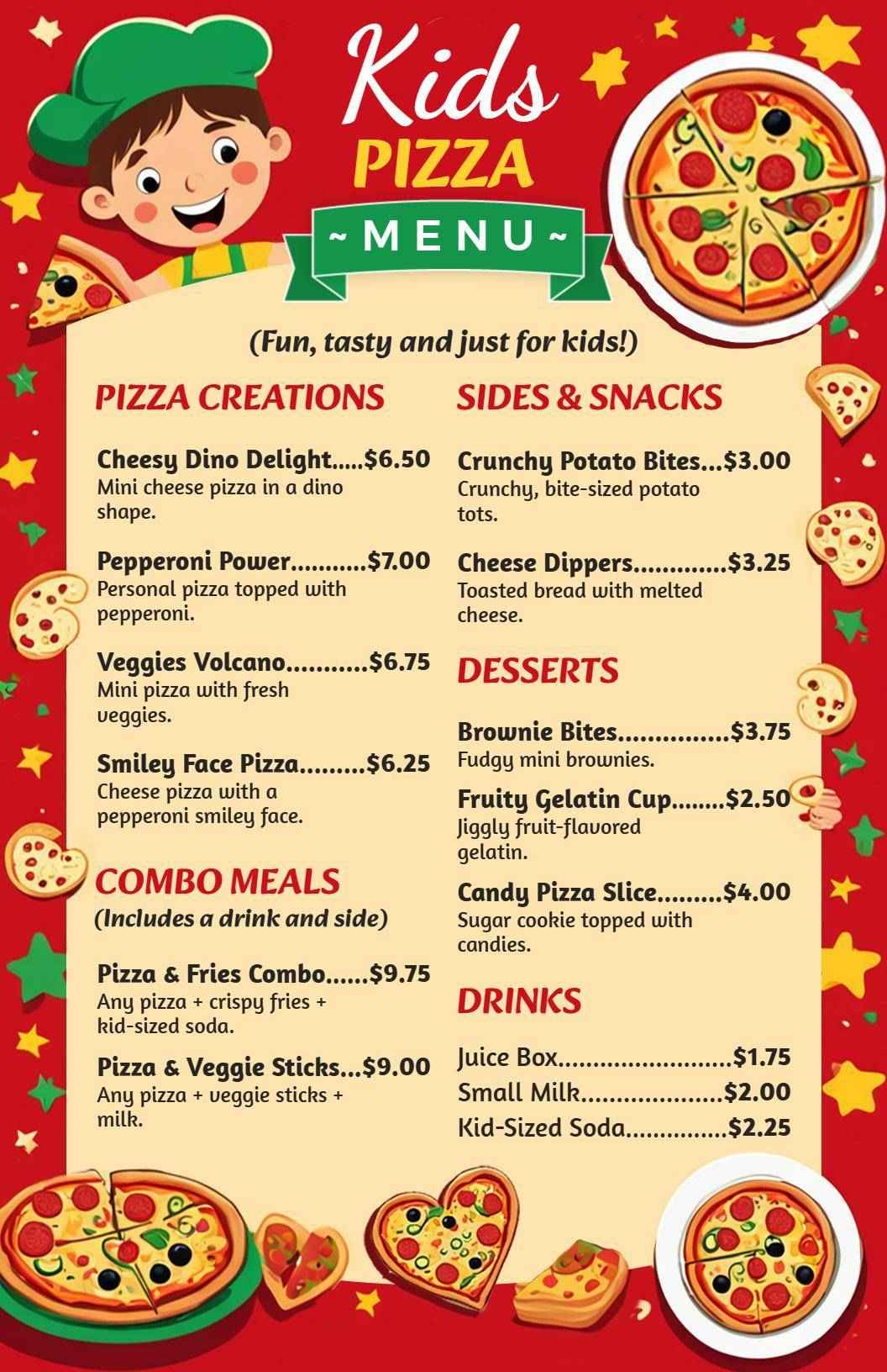 Fun Pizza Creations and Exciting Treats for Kids Menu Template
