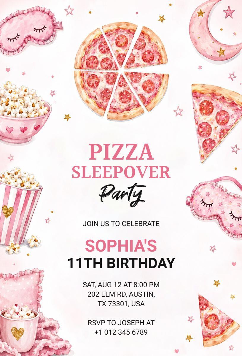 Fun Pizza Sleepover Birthday Celebration Invitation Template