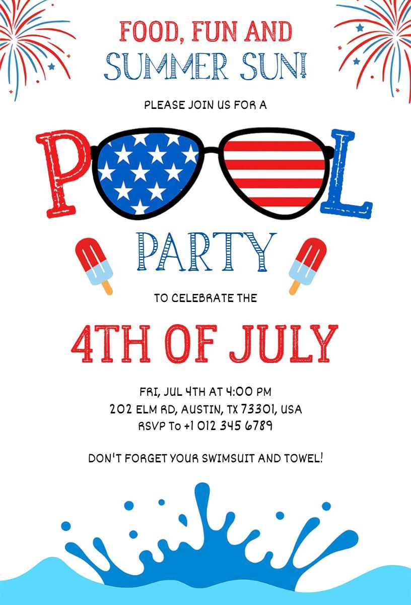 Fun Pool Party Celebration 4th of July Invitation Template