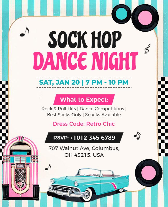 Fun Retro Sock Hop Dance Night Party Poster Template