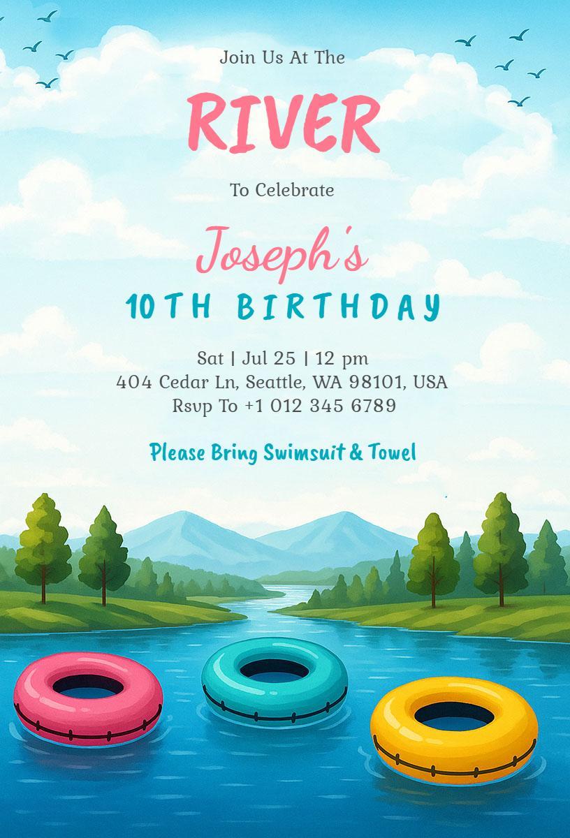 Fun River Adventure 10th Birthday Celebration Invitation Template