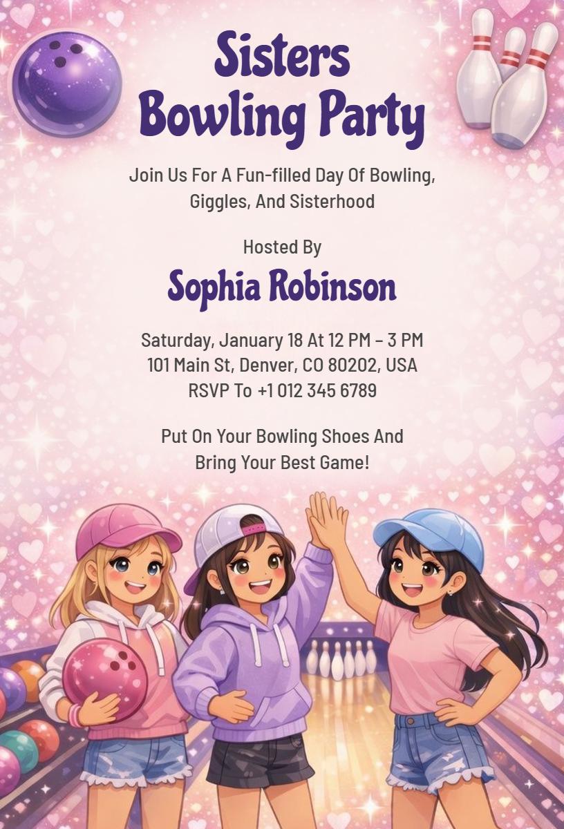 Fun Sisters Bowling Celebration Party Invitation Template