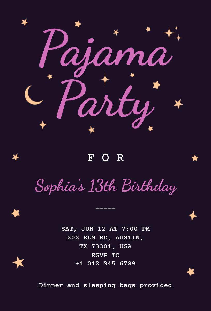 Fun Starry Night 13th Birthday Pajama Party Invitation Template
