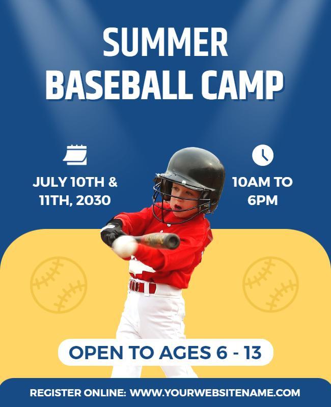 Fun Summer Baseball Camp for Kids Ages 6 to 13 Poster Template