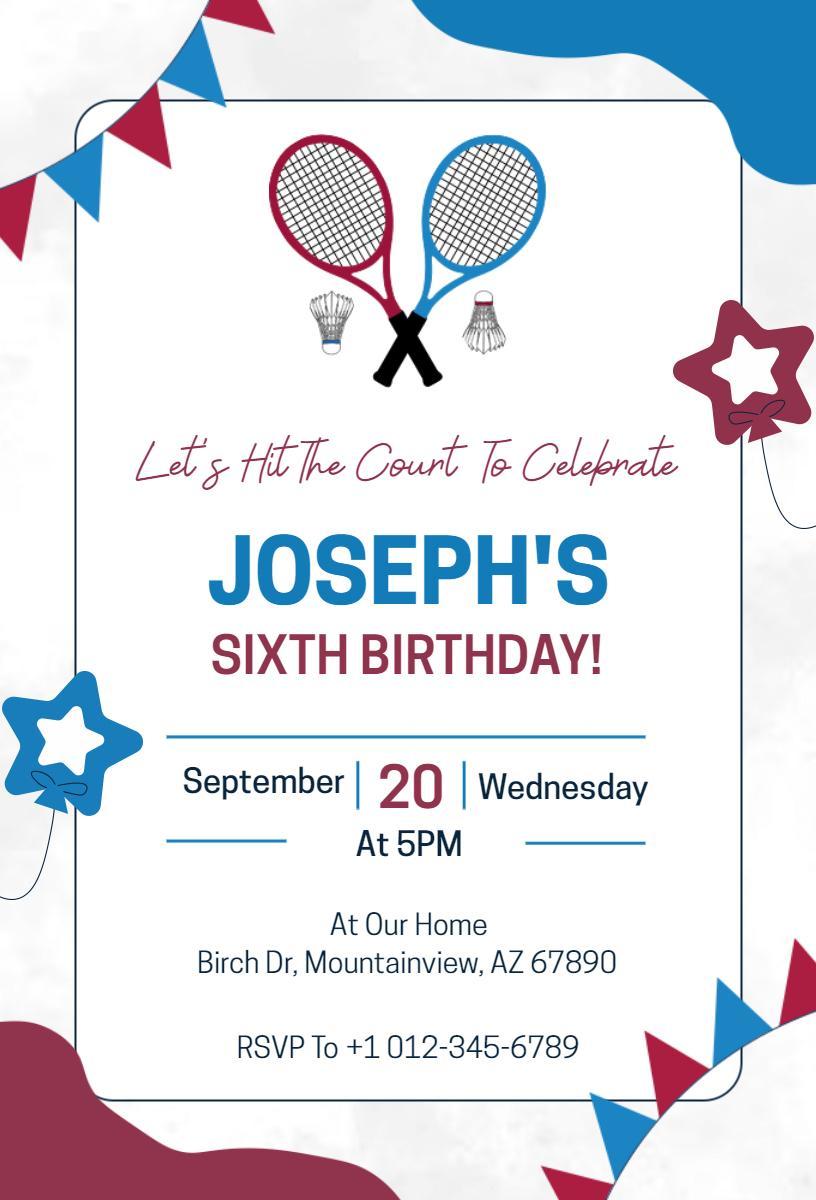 Fun Tennis Sports Sixth Birthday Celebration Invitation Template