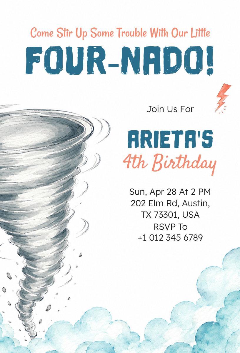 Fun Tornado Theme 4th Birthday Celebration Invitation Template
