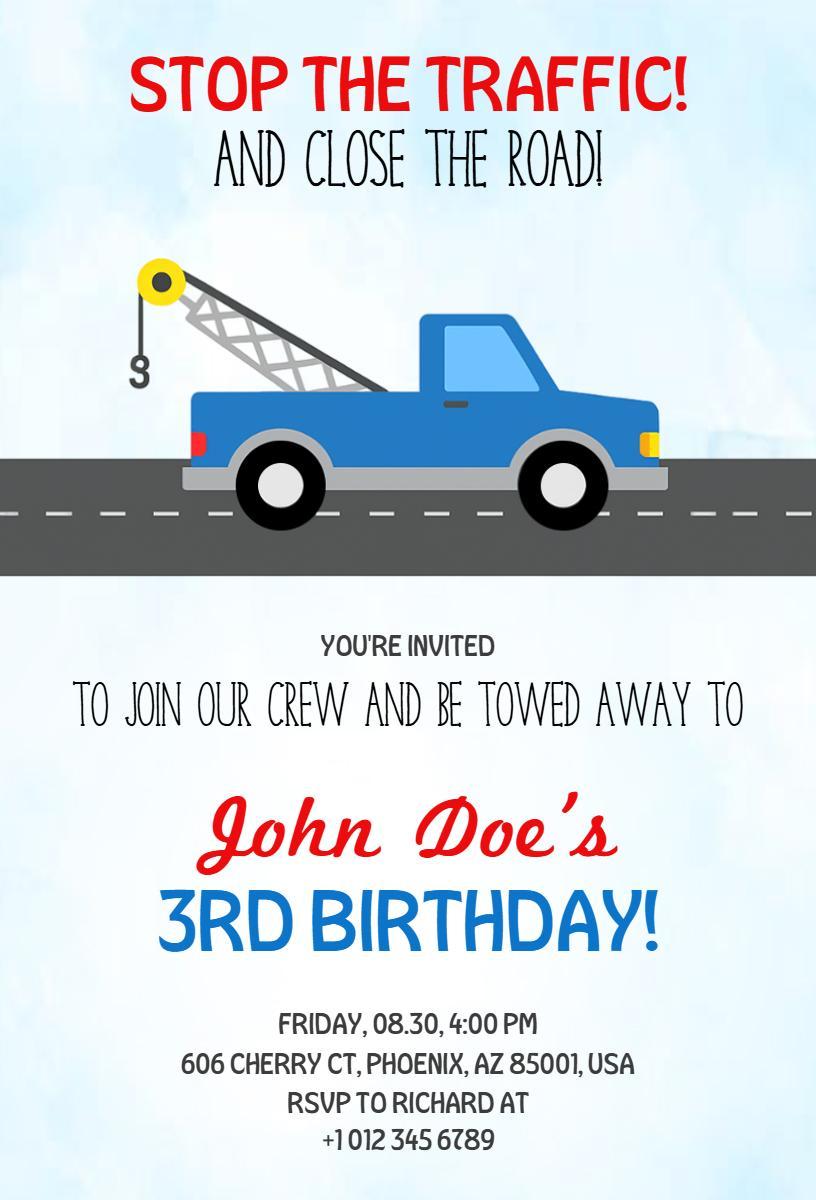 Fun Tow Truck Adventure Cars Birthday Invitation Template